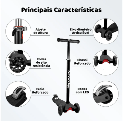 Patinete Infantil AMG Ajustável 4 Rodas LED Preto Até 70kg - Imagem 4
